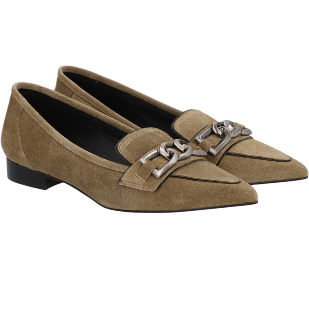 Pedro Anton taupe suede pointed toe loafers silver chain detail Made in Spain